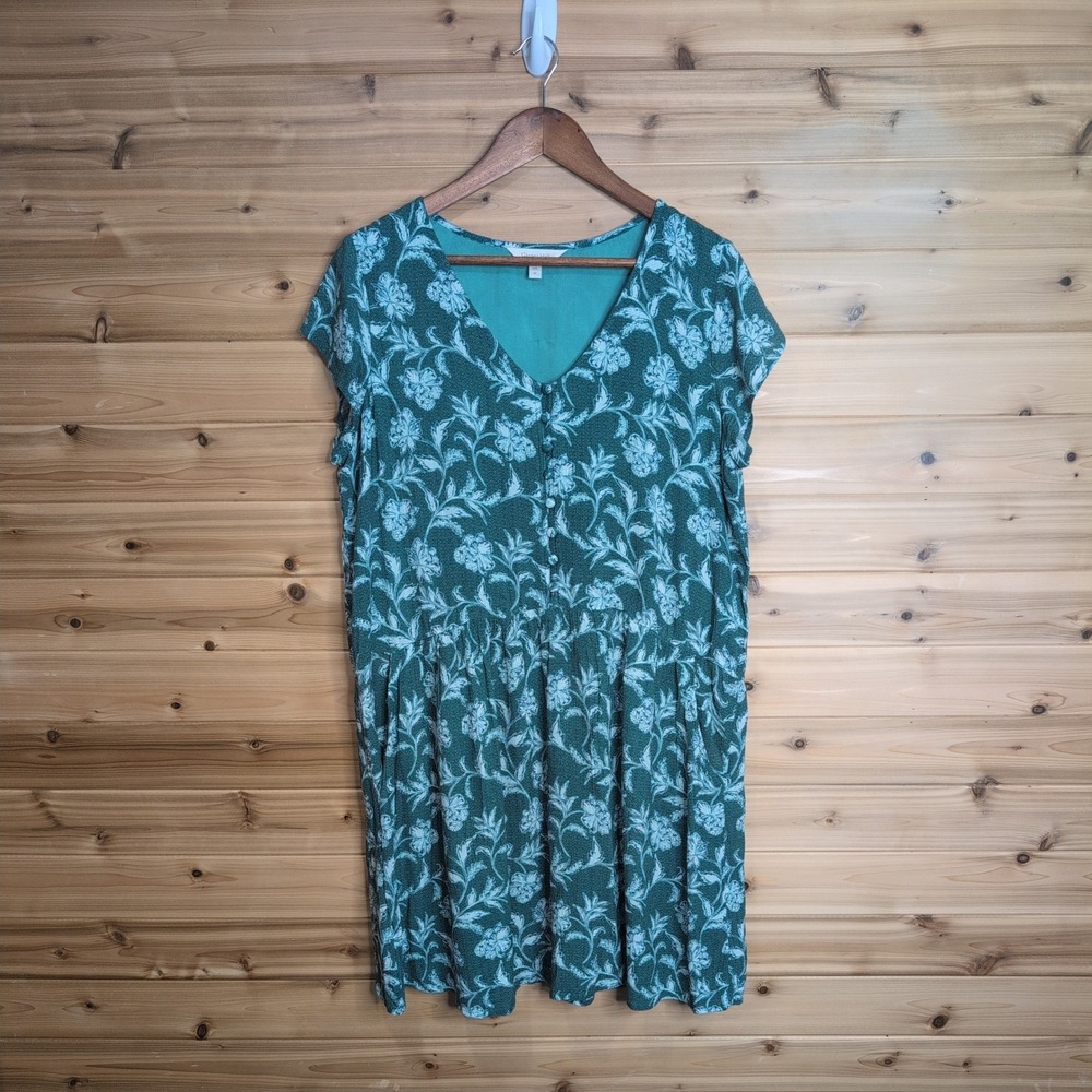 Garnet Hill Green Floral Lenzing Ecovero Viscose V-Neck Button Mini Dress Medium